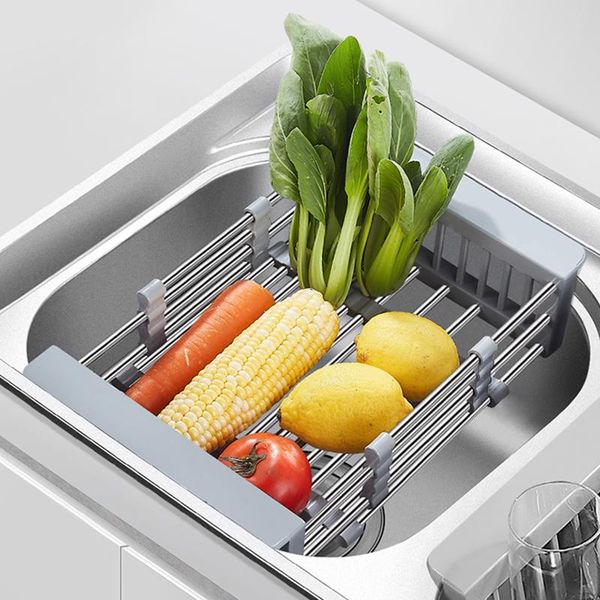 

kitchen storage & organization stainless steel sink drain basket retractable rack tableware drying shelf fruit vegetable tray drainer