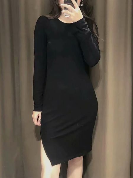 

casual dresses bodycon vestidos full sleeve slim black midi-dress women autumn for 2021 knitted woman corset dress with a slit, Black;gray