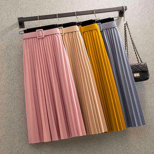 

skirts skirts spring drape a-line pleated skirt with belt women's elegant solid accordion calf long pink green bur v3p8, Black