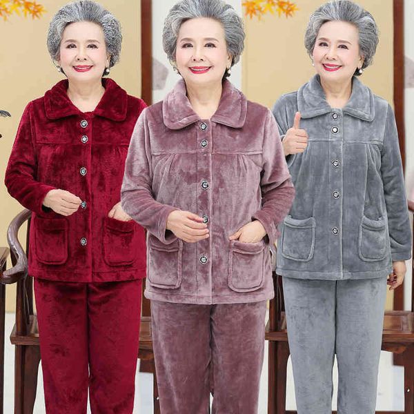 

women's sleepwear middle aged flannel pajamas, loose autumn and winter veet suit, large, household, two-piece, 4xl suit, Black;red