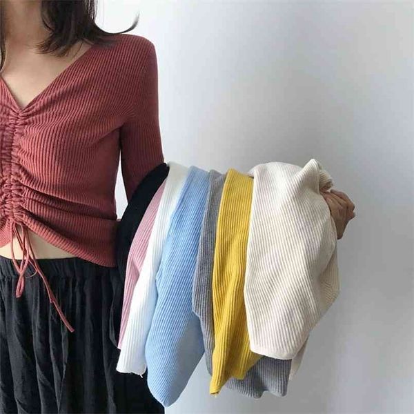 

aossviao lace up knitting pullover fashion autumn winter sweater women chic pink v-neck knit slim jumper pull femme 210917, White;black