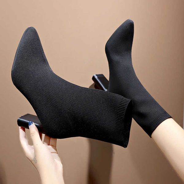 

simple fashion stretch socks boots women's high heels shoes knit socks boots skinny women pointed autumn and winter bare boots y0905, Black