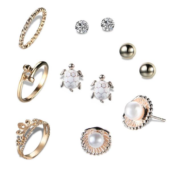 

earrings & necklace women valentine's gifts style jewelry set wedding metallic 4 pairs mini stud earring sets + 3pcs knuckle rings, Silver