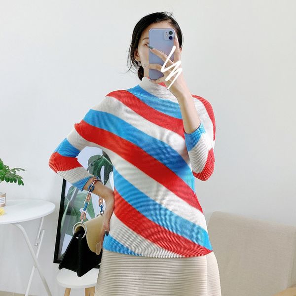 

polo women's 3/4 sleeve print miyak fold fashion plus size slim printed temperament base high flexibility shirt top, White