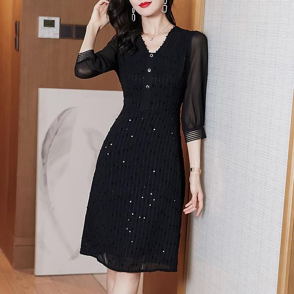 

casual dresses women dress autumn 2022 office lady three quarter sleeve long patchwork solid high waist v-neck black, Black;gray