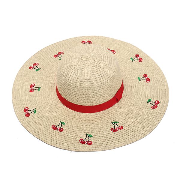 

sun hats for women cherry embroidery sombrero straw hats female wide brim high quallity vintage vacation summer beach cap, Blue;gray