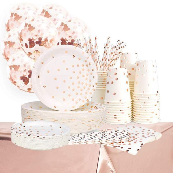 Loucaria de jantar descartável Rosa Gold Birthday Festa de papel Placas de papel conjunto Dots Copo guardana