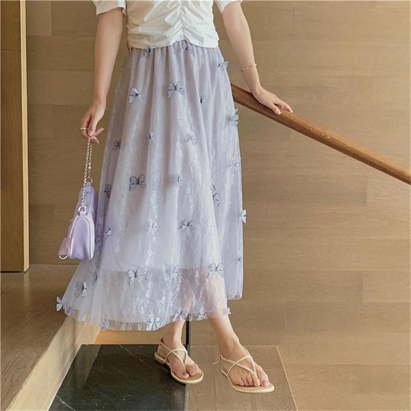 

skirts limiguyue elegant women long 3d butterfly embroidery lace mesh tulle skirt aesthetic lolita vintage acetate saia k1322, Black