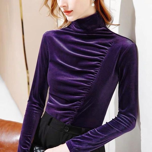 

women's blouses & shirts 2021 autunm and winter women turtleneck pleated slim gold velvet , elegant korean office lady spring folds vel, White