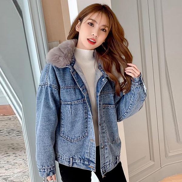 Giacche da donna Autunno Collo di pelliccia di lana Giacca di jeans Donna Pizzo maniche lunghe Jean Moda coreana Fasciatura Abbigliamento da strada Cappotti 2021