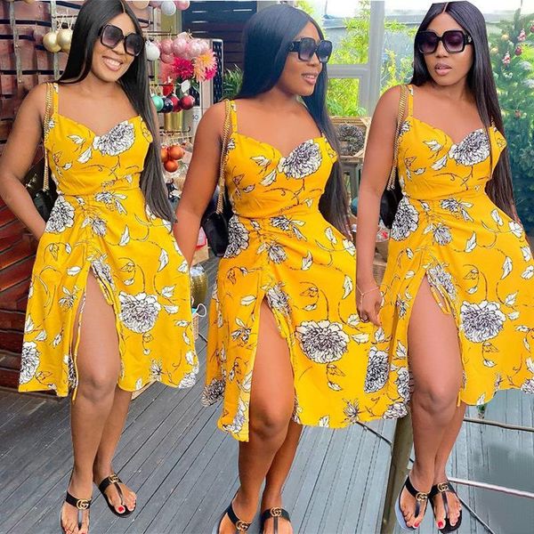 

casual dresses women's summer fashion commuter solid color irregular print halter drawstring dress, Black;gray