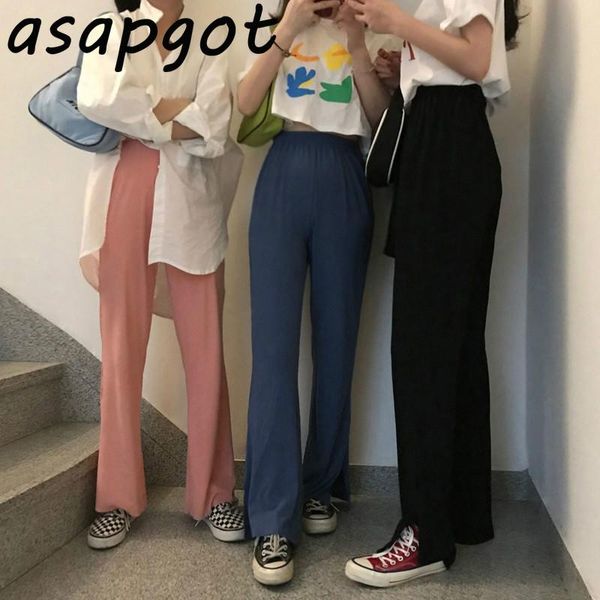 

women's pants & capris solid korean chic loose casual wild slim soft split elastic high waist wide leg women mopping long cotton pantal, Black;white