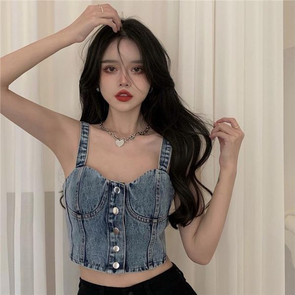 

amp tees summer women cami clothing retro single breasted sleeveless off the shoulder camisole short denim top, White
