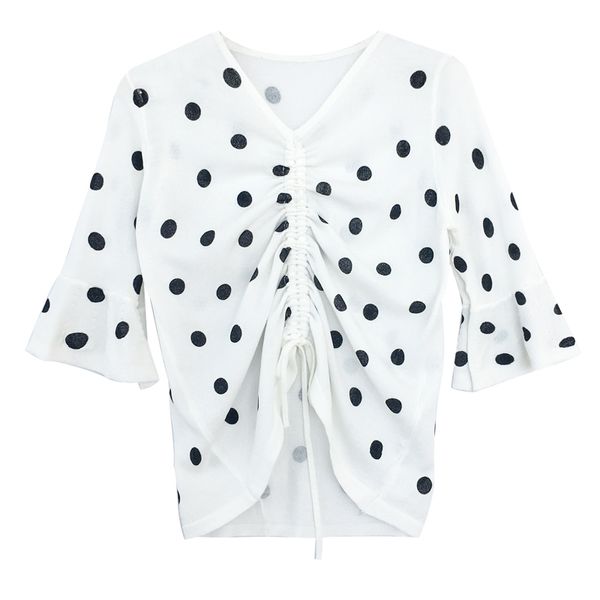 

white polka dot v neck 3/4 three quarter sleeve flare women chiffon drawstring shirt blouse black b0091 210514