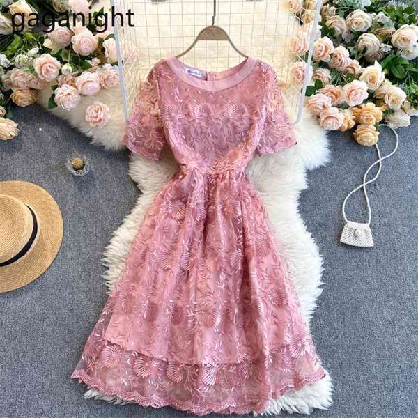 Ins A-Line Mesh Stickerei Kurzarm Frauen Kleider Knielangen Oansatz Feste Tender Slim Koreanische Sommer Vestidos 210601