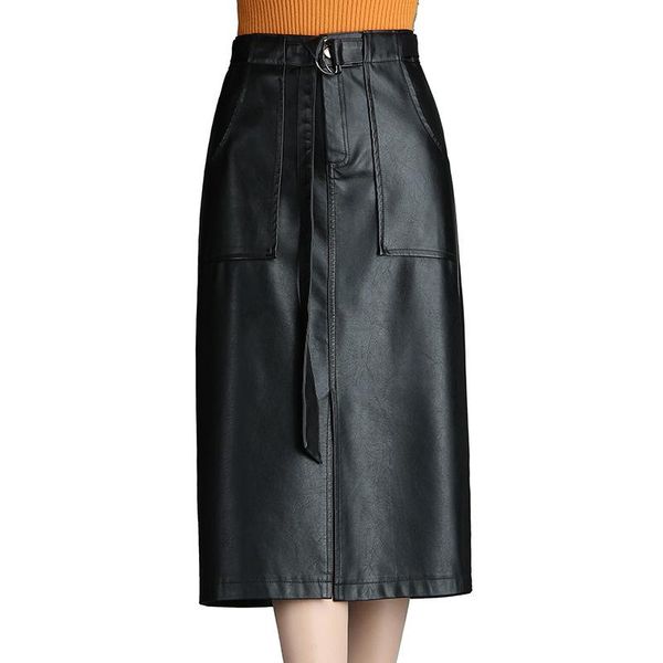 

skirts 2021 autumn winter womens high waist pu leather pencil large size female office ol skirt casual saia, Black