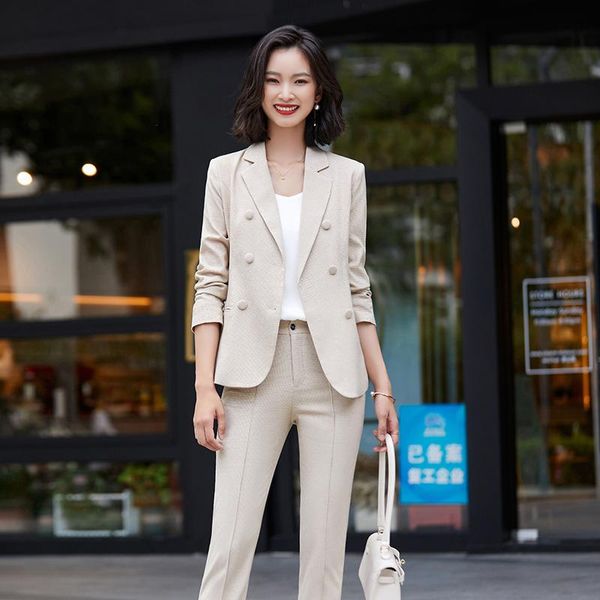 

elegant plus size women's suit pants two-piece autumn and winter ladies office plaid jacket slim business wear two piece, White