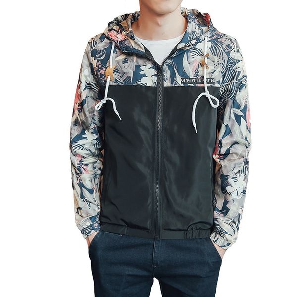 

men's jackets windbreaker, jacket with a fashion hood, light, casual, flowers, sports clothes fsid, Black;brown