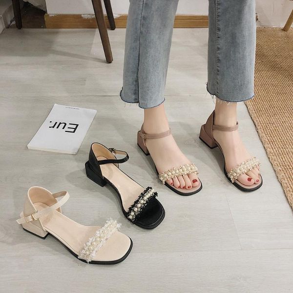 

sandals women shoes 2021 thick heel pearl high black rice purple bottom heels