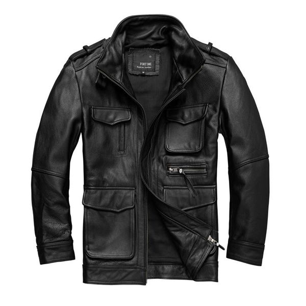 

men's leather & faux 2021 black genuine jacket men safari style plus size 5xl real natural cowhide autumn slim fit m65 coat