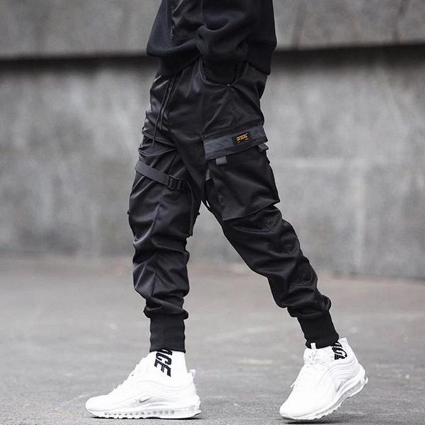 

men's pants multi-pocket breathable cotton blend men casual cargo outdoor drawstring elastic waistband loose, Black