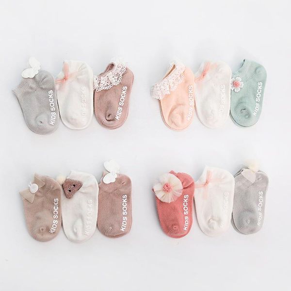

socks 3 pairs/lot 0 to 24m spring summer baby solid color infant floor soft cotton anti-slip boat for girls, Pink;yellow