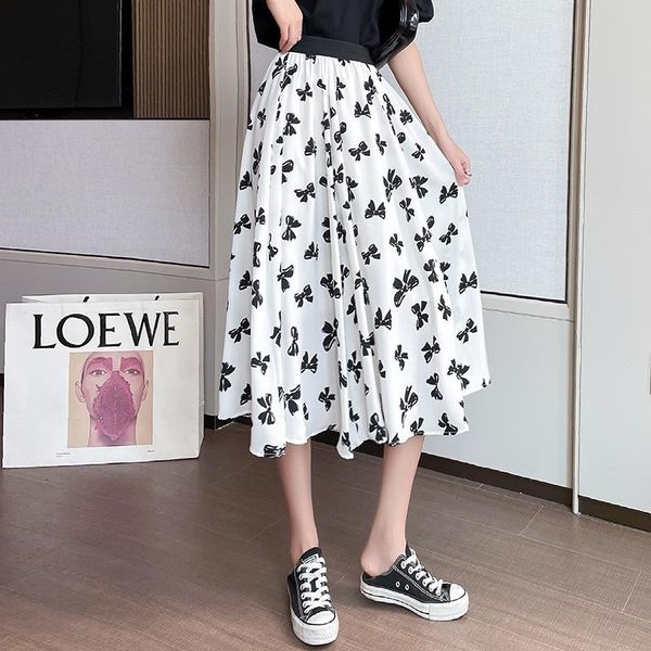 

skirts summer elegant satin bow skirt women high waist pinted long fairy, Black