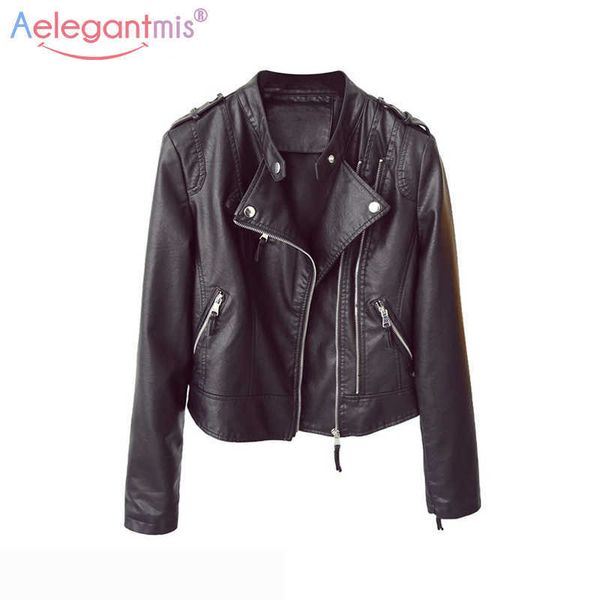 Aelegantmis Herbst Winter Kurze Weiche Faux Leder Jacke Frauen Schwarz Pu Motorrad Damen Biker Oberbekleidung 210607