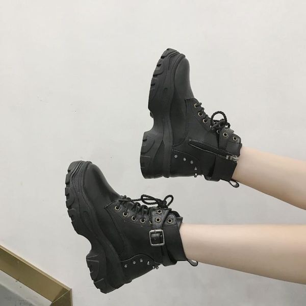 

boots 2021 lace up platform women black goth ankle for buckle strap high heel 35-39