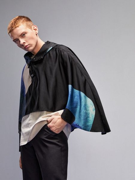 

x io men cut and sew cloak sleeve hooded coat 90vs#, Black;brown