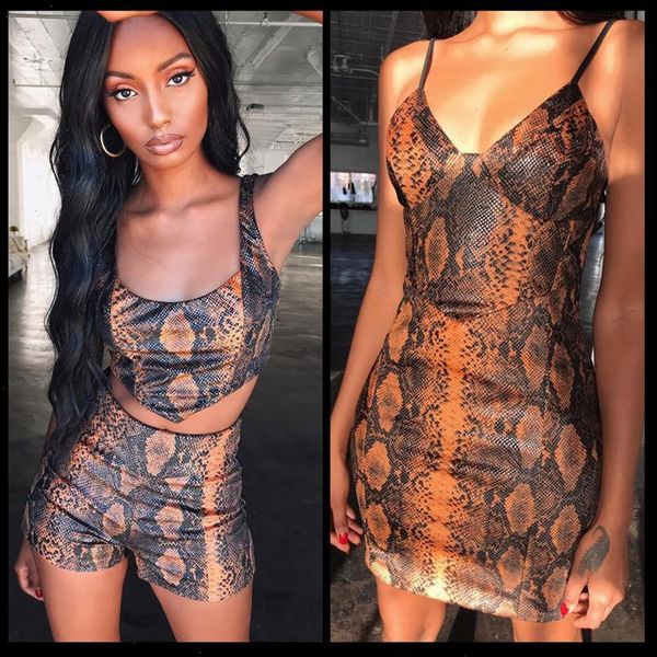 

snake skin spaghetti strap sleeveless womens tracksuits plunge cocktail party patchwork mini dress and tank shorts sets, Gray