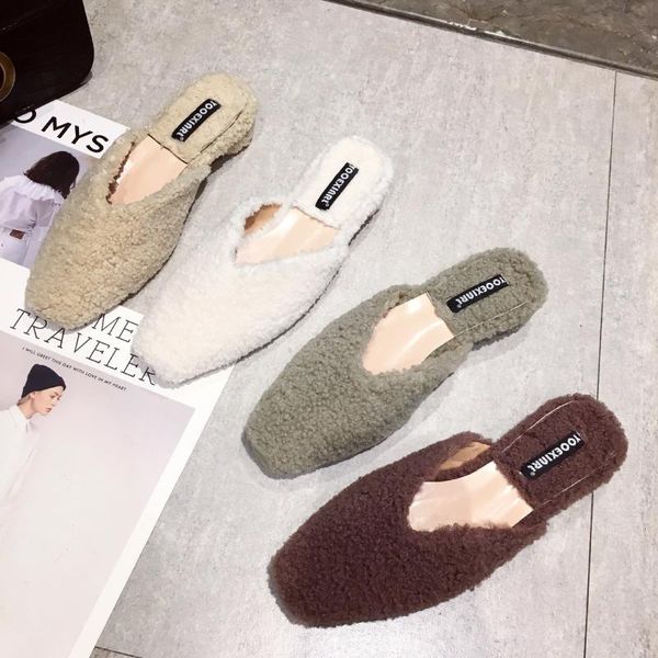 

slippers lambswool mules shallow woman curly fur shoes flats lazy mary janes square toe furry slides outwear flip flops 39, Black