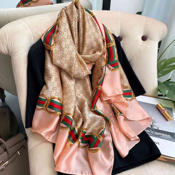 

2021 imitation new silk satin letter chain sunscreen beach towel leopard scarf female, Blue;gray