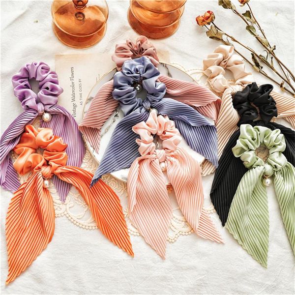 

candy color chiffon fold long ribbon pearls hair scrunchie women bows ponytail holder hairband girls ties accessories