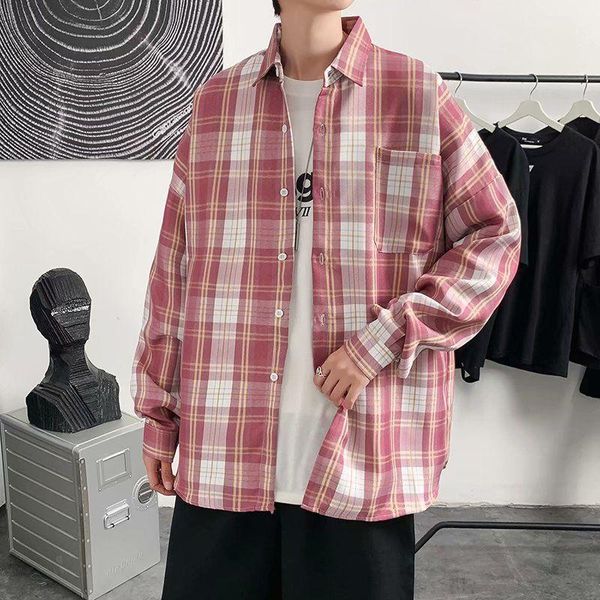 

men's casual shirts summer plaid shirt men korean fashion retro loose social all-match long-sleeved -23xl, White;black