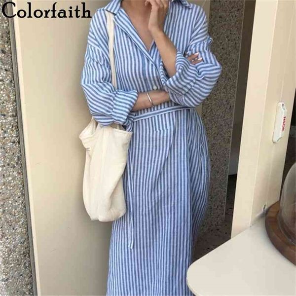 

colorfaith summer women shirt dress striped lapel single-breasted lace up loose cotton and linen casual dr2268 210701, Black;gray