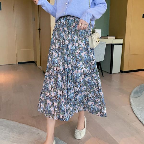 

skirts real s 2021 spring korean women's french chiffon floral elastic waist skirt, Black