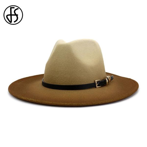 

wide brim hats fs beige camel wool jazz hat women men felt trilby ladies vintage gradient panama fedora cap with belt buckle, Blue;gray