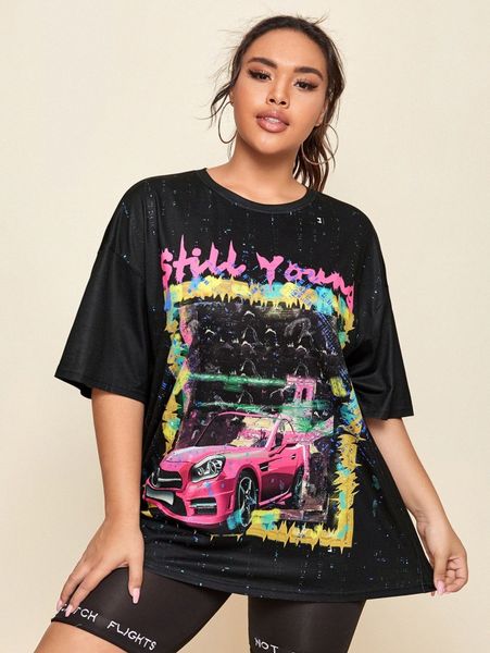 

plus drop shoulder letter graphic tee g1cp#, Black