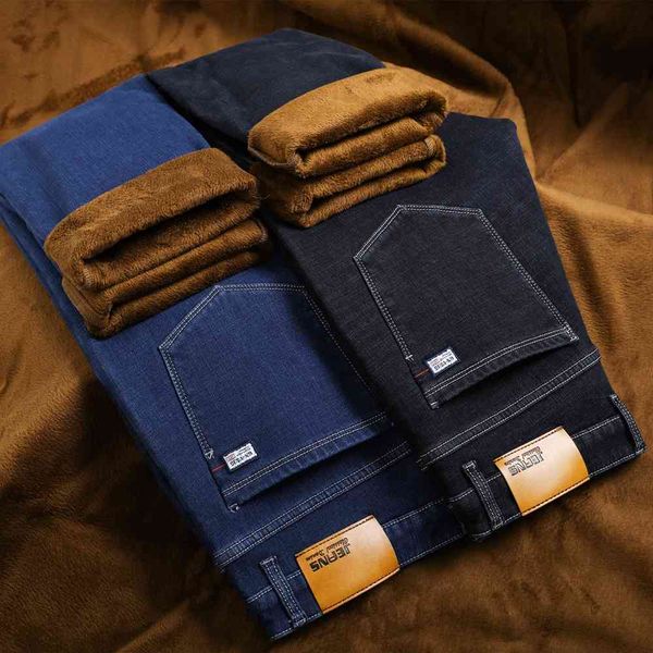

jean 40 42 44 46 men's winter denim pants big classic velour clothing thick business thin jeans straight, Blue