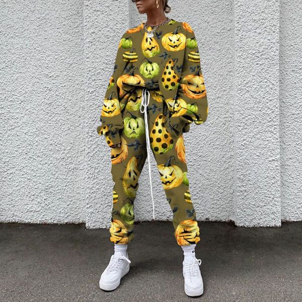 

halloween evil pumpkin pattern women's pants autumn and winter women's sportswear thickened fleece cotton suit 2-piece sweatshirt, White