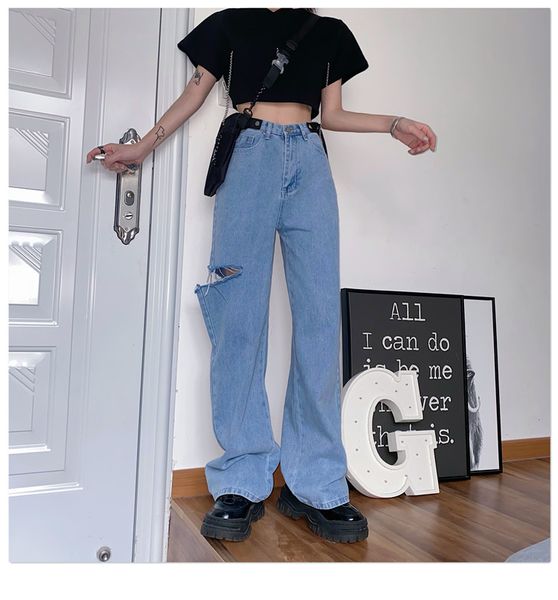 

autumn loose high waist drape wide leg straight female jeans, Blue