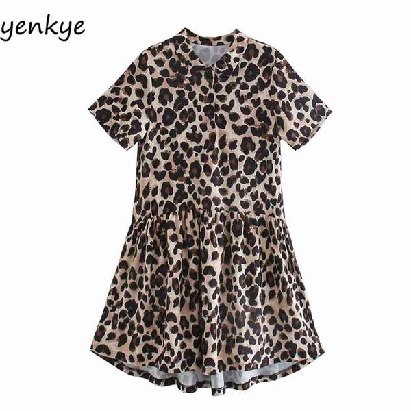 

fashion women vintage leopard dress lapel collar short sleeve a-line casual vestido 210514, Black;gray