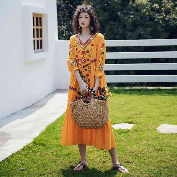 

women's t-shirt vintage ethnic v-neck embroidery boho women seven sleeves casual loose ruffle long es ladies g63w, White