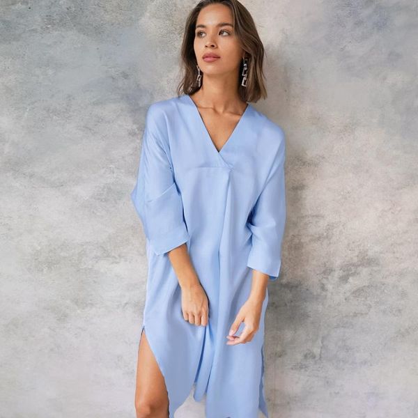 

women's sleepwear hiloc casual drop sleeves nightdress ladies pyjamas slit woman nightie night dress women roomware three quarter sleev, Black;red