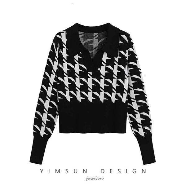 

women's sweaters sweater french thousand bird plaid v-neck bottomed t-shirt black-and-white color matching waist slim in autumn and win, White;black