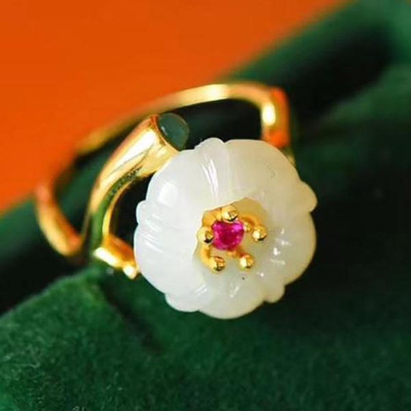 

cluster rings s silver inlaid natural hetian white jade plum ring niche craft fairy fresh romantic women opening adjustable brand jewelry, Golden;silver