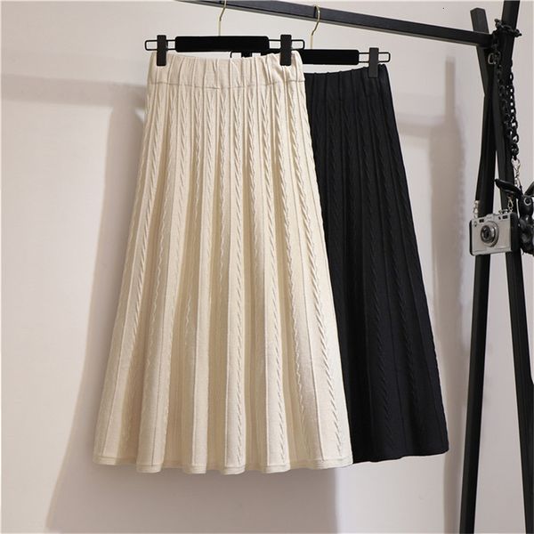 

skirts autumn winter cashmere blend herringbone knitted a-line long skirts high waist korean style pleated mid-calf knit skirt, Black
