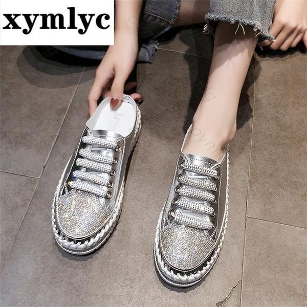 

slippers 35-43 yards plus size women's shoes summer flat bottom baotou back empty female rhinestone casual lazy womenshoes, Black