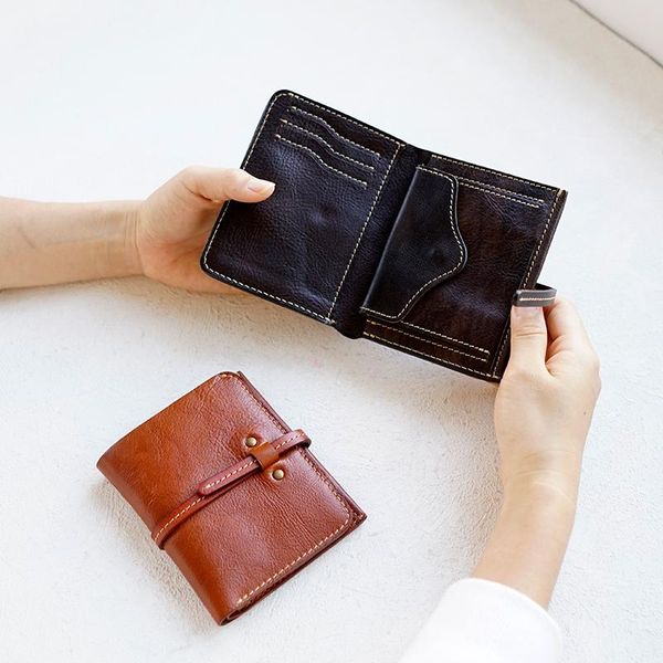 

genuine leather short card wallet men's handmade retro vintage simple youth women's folding coin purse wallets, Red;black